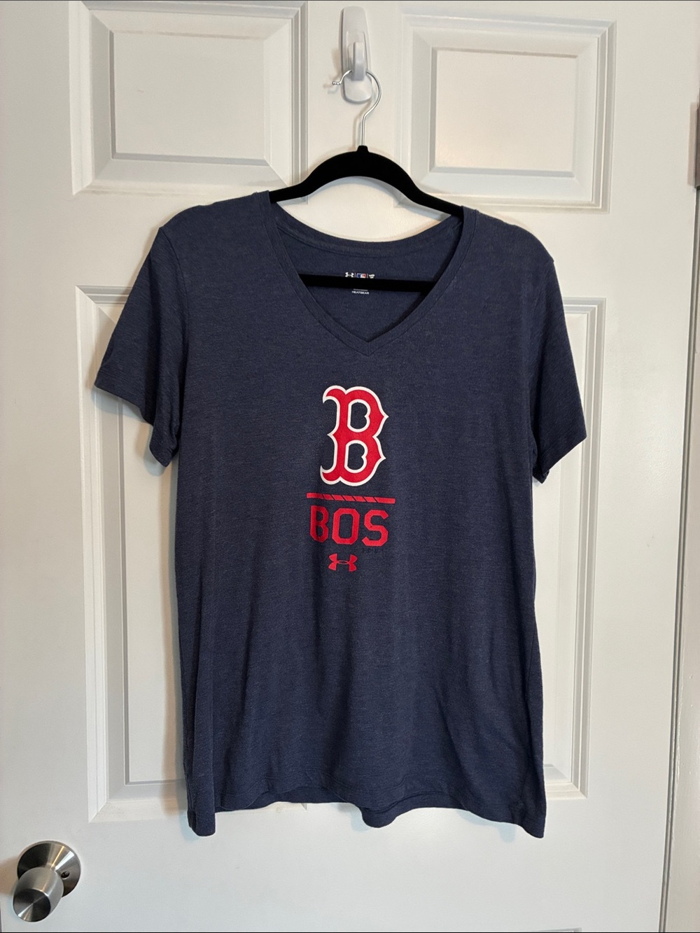 Under Armour Navy Short Sleeve V‑Neck Tee with Red Boston 'B' Logo